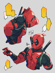 1boy black_bodysuit bodysuit commentary_request deadpool deadpool_(series) grey_background hand_on_own_head hand_up highres marvel momoi_housuke multiple_views muscular muscular_male red_bodysuit simple_background speech_bubble squiggle superhero_costume two-tone_bodysuit upper_body weapon weapon_on_back