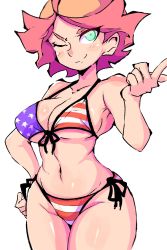 Rule 34 | 1girl, alternate costume, amanda o&#039;neill, american flag, american flag bikini, american flag print, bikini, blush, breasts, brown hair, closed mouth, collarbone, female focus, flag print, flag print bikini, green eyes, groin, hand on own hip, highres, large breasts, little witch academia, looking at viewer, navel, one eye closed, print bikini, short hair, side-tie bikini bottom, simple background, smile, smirk, solo, swimsuit, textless version, tomozawa mamoru, twitter, white background