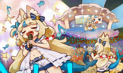 &gt;_&lt; 3girls :d animal_ear_fluff animal_ears blue_hair brown_hair cat_ears character_name chibi closed_eyes closed_mouth commentary crying dooby_(vtuber) dress eighth_note english_commentary fins fish_tail glowstick goggles goggles_on_head hat highres indie_virtual_youtuber itsuki_tasuku long_hair multicolored_hair multiple_girls musical_note navel nimi_nightmare nurse_cap one_side_up open_door open_mouth sameko_saba short_shorts shorts smile standing streaked_hair streaming_tears tail tears very_long_hair white_dress white_hair white_hat white_shorts xd
