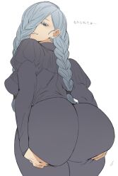 Rule 34 | 1girl, ass, blue hair, braid, curvy, dress, ettone, flat color, hair over one eye, hands on own ass, highres, huge ass, jujutsu kaisen, long hair, long sleeves, looking at viewer, looking back, mei mei (jujutsu kaisen), simple background, solo, standing, white background