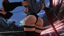 1girl 3d ass ass_focus black_hair black_leotard blue_sky breasts butterfly_swords curvy highleg highleg_leotard holding holding_weapon huge_ass iroha_(samurai_spirits) large_breasts leotard maid ryona samurai_spirits screencap shiny_skin short_hair sideboob skindentation sky thick_thighs thighhighs thighs third-party_edit thong_leotard weapon wide_hips