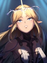 Rule 34 | 1girl, absurdres, bare shoulders, black collar, blander mc, blonde hair, blue eyes, breasts, cartethyia (wuthering waves), collar, commentary, crown of thorns, earrings, highres, horns, jewelry, long hair, long horns, looking up, necklace, parted lips, pointy ears, sidelocks, single horn, small breasts, solo, upper body, wuthering waves