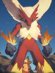 aqua_eyes arc_draws blaziken blurry blurry_foreground clenched_hands creatures_(company) day fire game_freak gen_3_pokemon highres legs_apart looking_down nintendo outdoors pokemon pokemon_(creature) sky standing torchic twitter_username