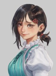Rule 34 | 1girl, black hair, brown eyes, chainsaw man, closed mouth, commentary, english commentary, grey background, hair ornament, hairclip, higashiyama kobeni, highres, idaero ace, light smile, looking at viewer, mole, mole on cheek, mole under eye, multiple moles, ponytail, short ponytail, simple background, single sidelock, solo