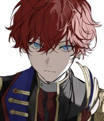 1boy amagi_hiiro backlighting black_jacket blue_eyes closed_mouth double-parted_bangs earrings ensemble_stars! glaring hair_between_eyes jacket jewelry light_frown looking_at_viewer male_focus nozz177 portrait red_hair sanpaku shadow short_hair simple_background single_earring solo wavy_hair white_background