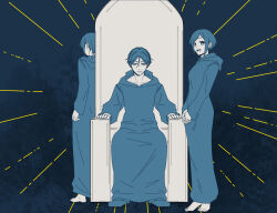 1boy 2girls 4242_leo barefoot blue_background blue_theme closed_mouth commentary_request fukurai_azami full_body hair_between_eyes hood hood_down hooded_robe limited_palette long_sleeves looking_at_viewer meguriya_ayumu multiple_girls own_hands_together robe short_hair sitting sitting_on_throne smile spoilers standing toshi_densetsu_kaitai_center
