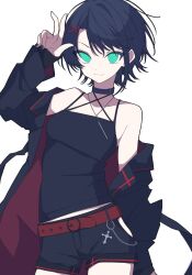 1girl black_camisole black_hair black_nails camisole collar green_eyes hair_ornament highres hololive jacket looking_at_viewer minkof_nn oozora_subaru open_clothes open_jacket shorts simple_background solo white_background x_hair_ornament
