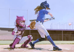 2girls ball baseball baseball_(object) baseball_bat baseball_glove baseball_helmet baseball_stadium baseball_uniform catcher&#039;s_mask catcher_(baseball) dirt fkey gloves grass helmet highres holding holding_baseball_bat metal_baseball_bat multiple_girls original shoes sportswear swinging_baseball_bat white_gloves