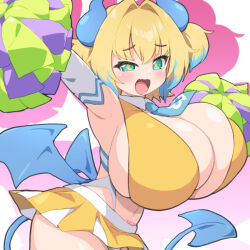+_+ 1girl :d aqua_eyes bat_wings blonde_hair blue_hat blush bombergirl breasts cheerleader cleavage clover-shaped_pupils colored_tips commentary_request fang grenade_hair_ornament hair_intakes hat highres horns huge_breasts looking_at_viewer miniskirt multicolored_hair navel open_mouth orange_skirt pine_(bombergirl) pom_pom_(cheerleading) pubic_tattoo shirogane_hakuba skin_fang skirt smile solo symbol-shaped_pupils tattoo two-tone_hair two_side_up white_background wings yellow_pupils