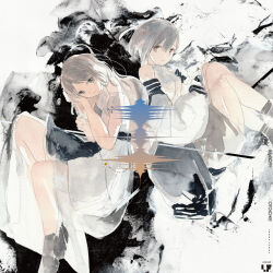 2girls album_cover bang_dream! bang_dream!_it&#039;s_mygo!!!!! blue_eyes blue_jacket brown_eyes brown_hair commentary cover english_commentary grey_hair grey_skirt highres jacket kushima_yu long_hair long_sleeves multiple_girls nagasaki_soyo painting_(medium) shirt short_hair skirt takamatsu_tomori traditional_media watercolor_(medium) white_background white_shirt