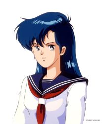 1990s_(style) 1girl asou_yuuko blue_eyes blue_hair female_focus game long_hair matching_hair/eyes mugen_senshi_valis nec official_art pc_engine retro_artstyle school_uniform serafuku simple_background solo telenet_japan valis white_background