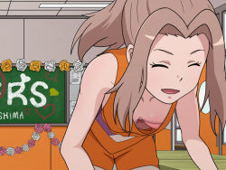 Rule 34 | 1girl, bra, breasts, brown hair, closed eyes, digimon, digimon adventure tri., downblouse, happy, jersey, smile, tachikawa mimi, underwear, wardrobe malfunction