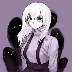 Rule 34 | 1girl, absurdres, arms at sides, bags under eyes, black eyes, black skirt, breasts, closed mouth, colored skin, commentary request, creature, darkness, dosa ( angrim5), floating hair, highres, iyowa girls, kinki-chan (iyowa), korean commentary, large breasts, long hair, long sleeves, looking at viewer, purple background, purple sweater, simple background, skirt, smile, solo, suspender skirt, suspenders, sweater, turtleneck, turtleneck sweater, upper body, watashi wa kinki (vocaloid), white hair, white skin