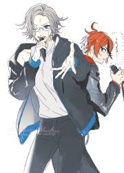 2boys ahoge aotsuki_eito black_jacket black_pants black_streaks blue_eyes cowboy_shot glasses grey_hair highres hikarudaihuku holding holding_microphone hood hoodie jacket jacket_over_hoodie looking_at_another looking_at_viewer male_focus microphone multicolored_hair multiple_boys official_alternate_costume outstretched_arm outstretched_hand pants red_hair red_hoodie shirt short_hair simple_background sleeveless sleeveless_shirt smile streaked_hair sumino_takumi the_hundred_line_-last_defense_academy- tower_records twitter_username watermark white_background white_shirt