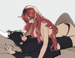 1boy 1girl black_hair black_hoodie black_male_underwear black_panties boxers degrees_of_lewdity hetero highres hood hoodie hyuwrii kylar_(degrees_of_lewdity) kylar_(male)_(degrees_of_lewdity) long_hair male_underwear nana_(hyuwrii) panties red_hair short_hair topless_female underwear