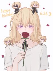 1girl absurdres animal_ears ave_mujica_(bang_dream!) bang_dream! bang_dream!_it&#039;s_mygo!!!!! blonde_hair dog_ears dog_girl dog_tail doloris_(bang_dream!) firman_acker flower happy_birthday highres holding holding_flower medium_hair misumi_uika purple_eyes red_flower red_rose rose shirt t-shirt tail white_shirt