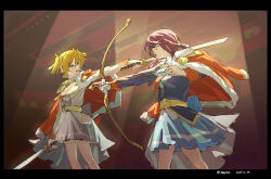 Rule 34 | 2girls, aiguillette, aiming, arm at side, arrow (projectile), artist name, back bow, badge, bell, belt, belt buckle, black-framed eyewear, black border, blonde hair, blue bow, blue jacket, blue skirt, border, bow, bow (weapon), buckle, cape, chinese commentary, closed mouth, commentary request, daiba nana, dated, dual wielding, duel, epaulettes, feet out of frame, glasses, green eyes, grey bow, grey cape, grey jacket, grey skirt, grey sleeve cuffs, hair bell, hair between eyes, hair ornament, hair ribbon, highres, holding, holding arrow, holding bow (weapon), holding sword, holding weapon, hoshimi junna, jacket, jacket on shoulders, katana, long hair, long sleeves, looking at another, low ponytail, miniskirt, multiple girls, open mouth, outstretched arm, pleated skirt, pointing melee weapon, pointing sword, ponytail, purple hair, red jacket, red sash, red sleeve cuffs, ribbon, sash, short hair, short twintails, shoujo kageki revue starlight, shoulder boards, shoulder sash, sidelocks, single horizontal stripe, sketch, skirt, spotlight, standing, sword, twintails, uzr akira, waist cape, weapon, yellow belt, yellow ribbon, yellow trim