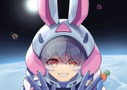 Rule 34 | 1girl, animal ear headwear, animal ears, blue gloves, blue hair, braid, bright pupils, carrot, commentary request, earth (planet), eyes visible through hair, fake animal ears, gloves, grey hair, grin, hair between eyes, hands up, helmet, highres, hololive, long hair, low twin braids, multicolored hair, orange eyes, pankeiki, planet, rabbit ears, smile, solo, space, space helmet, spacesuit, spiral, straight-on, streaked hair, sun, thick eyebrows, twin braids, upper body, usada pekora, very long hair, white pupils