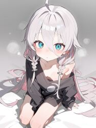1girl black_shirt blue_eyes braid breasts downblouse grey_hair hair_between_eyes highres ia_(vocaloid) long_hair looking_at_viewer multicolored_hair off-shoulder_shirt off_shoulder overlord_(overlord80000) pink_hair shirt sleeves_past_wrists small_breasts solo twin_braids vocaloid
