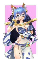 animal_ears argyle_clothes bad_link bell belt blue_dress blue_hair dress fox_ears glasses hair_ornament highres long_sleeves ragnarok_online see-through_clothes simple_background sorcerer_(ragnarok_online) yuina_(yuina_h)