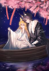 2boys absurdres alternate_costume alternate_hairstyle alternate_universe animal_ear_fluff animal_ears aotu_world artist_name bandaged_arm bandages black_hair blonde_hair blue_eyes blush boat cherry_blossoms chinese_clothes chinese_text closed_eyes closed_mouth dated fox_boy fox_ears fur_trim hair_between_eyes hanfu highres king_(aotu_world) long_hair long_sleeves male_focus multiple_boys night open_mouth outdoors petals plutoray ray_(aotu_world) scar short_hair sitting smile tail water watercraft wide_sleeves wolf_boy wolf_ears wolf_tail yaoi