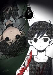 00fc_illust 2021 2boys :| absurdres antenna_hair bare_arms bare_shoulders black_eyes black_hair black_sweater_vest black_tank_top blood blood_on_clothes blood_on_hands bloody_knife bright_pupils closed_mouth collarbone collared_shirt colored_skin commentary_request dated dual_persona empty_eyes film_grain green_background hair_behind_ear hand_on_own_chest hatching_(texture) highres holding holding_knife knife light_bulb looking_at_viewer male_focus multiple_boys no_pupils omori omori_(omori) shirt short_hair simple_background straight-on sunny_(omori) sweater_vest swept_bangs tank_top upper_body upside-down very_short_hair white_background white_pupils white_shirt white_skin