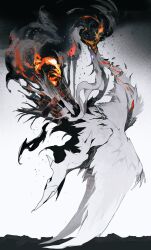 blue_eyes breaking breath_weapon breathing_fire dragon feathers film_grain fire gen_5_pokemon glowing glowing_eyes gradient_background highres kamikiririp legendary_pokemon nintendo no_humans open_mouth pokemon pokemon_(creature) pokemon_focus reshiram smoke white_background white_feathers white_fur white_wings wings