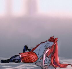 Rule 34 | 2girls, black thighhighs, highres, holding hands, interlocked fingers, jinx (league of legends), kid sppinarl, league of legends, long hair, lux (league of legends), multiple girls, necktie, no shoes, pink hair, red hair, red necktie, school uniform, shirt, short hair, short sleeves, sidelocks, star guardian (league of legends), star guardian jinx, star guardian lux, thighhighs, white shirt, yuri