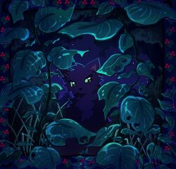 animal animal_focus berry black_cat cat commentary green_eyes highres holly hollyleaf kitty_(fernwhisker) leaf looking_at_viewer night night_sky no_humans outdoors plant power_of_three sky warrior_cats