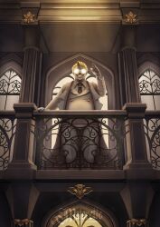 1boy absurdres art_deco artist_name balcony blonde_hair coat glasses gloves grin hand_on_railing hand_up hellsing highres major_(hellsing) majorette_(artist) male_focus necktie obscured_eyes short_hair smile solo white_coat white_gloves