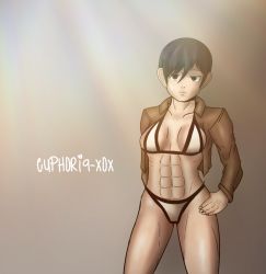ackerman bra euphoria-xox expressionless grey_background hand_on_own_hip highres jacket leather leather_jacket looking_at_viewer mikasa_ackerman shingeki_no_kyojin short_hair soldier tomboy underwear warrior