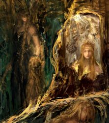 1boy 1girl absurdres all_lee24 black_dress blonde_hair braid circlet dress elden_ring gold_armlet gold_circlet highres long_hair miquella_(elden_ring) mirror mother_and_son queen_marika_the_eternal twin_braids upper_body very_long_hair yellow_eyes