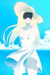 1girl absurdres arms_behind_back arutemisu180 beach blindfold blonde_hair blue_sky breasts cloud commentary day dress english_commentary eye_mask hat highres horizon long_hair ocean open_mouth outdoors panties sky sleeveless sleeveless_dress smile solo straw_hat sundress teeth trigger_(zenless_zone_zero) underwear water white_dress white_panties zenless_zone_zero
