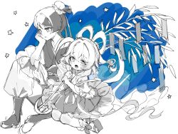 1boy 1girl alternate_costume alternate_hairstyle bamboo blunt_ends blush boots chinese_knot clenched_hands closed_mouth cosplay cross-shaped_pupils elbow_on_thigh frilled_skirt frilled_sleeves frilled_socks frills full_body genshin_impact greyscale greyscale_with_colored_background hagoromo hair_between_eyes hair_bun hair_rings hair_tie hand_on_own_face highres hikoboshi hikoboshi_(cosplay) holding holding_plant japanese_clothes juban kimono kingyo_(nyankomanjyuu15) knee_up looking_at_viewer looking_to_the_side monochrome nahida_(genshin_impact) nihongami obiage okobo open_mouth orihime_(tanabata) orihime_(tanabata)_(cosplay) pants plant platform_sandals pleated_skirt pointy_ears puffy_pants sandals sash scaramouche_(genshin_impact) see-through_clothes shawl short_sleeves sitting sketch skirt socks symbol-shaped_pupils tabi tanabata tanzaku tareme the_weaver_girl_and_the_cowherd three-quarter_sleeves wide_sleeves yokozuwari