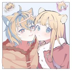 2boys animal_ears bear_ears blonde_hair blue_eyes blunt_bangs brown_eyes canute cat_ears cheek-to-cheek chibi closed_mouth fur_trim hair_between_eyes heads_together looking_at_viewer male_focus mmumechii multiple_boys ornament prince sidelocks thorfinn upper_body viking vinland_saga
