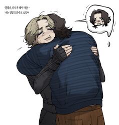 1boy 1girl absurdres animification back belt black_belt black_bodysuit black_eyes black_gloves black_hair blonde_hair blue_shirt bodysuit brown_pants closed_eyes closed_mouth commentary_request crying crying_with_eyes_open fingerless_gloves gloves highres hug korean_commentary korean_text lips long_sleeves marvel marvel_cinematic_universe messy_hair pants pocket puffy_long_sleeves puffy_sleeves sad sentry_(marvel) shirt short_hair smile spoken_character standing striped_clothes striped_pants striped_shirt superhero_costume tears thunderbolts_(movie) translation_request vertical-striped_clothes vertical-striped_pants yelena_belova yellinoutdggt