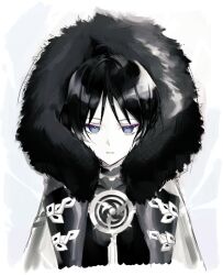 1boy aiguillette blunt_ends coat covered_collarbone cropped_torso eyeliner eyeshadow fatui_coat fur-trimmed_coat fur-trimmed_hood fur_trim genshin_impact greyscale_with_colored_eyes hair_intakes hood hood_up hooded_coat jewelry lapels looking_at_viewer makeup male_focus mitsudomoe_(shape) neck_ring open_clothes open_coat parted_lips purple_eyes red_eyeliner red_eyeshadow reito6 scaramouche_(genshin_impact) shirt solo straight-on tomoe_(symbol) wispy_bangs