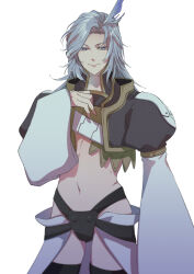 1boy black_jacket black_thighhighs blue_eyes chest_strap commentary_request cropped_jacket feather_hair_ornament feathers final_fantasy final_fantasy_ix grey_hair hair_ornament half-closed_eyes hand_on_own_chest hand_up highres jacket jockstrap kuja long_hair long_sleeves male_focus male_underwear open_clothes open_jacket puffy_sleeves retrometro simple_background smile smirk solo standing thighhighs underwear upper_body waist_cape white_background white_hair wide_sleeves