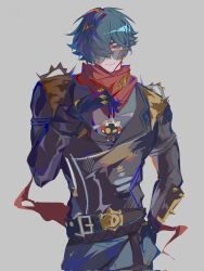 Rule 34 | 1boy, beicheng0601www, belt, billy kid, black belt, black pants, cowboy shot, green hair, hair over one eye, hand in pocket, highres, jacket, leather, leather jacket, lighter (zenless zone zero), male focus, pants, red scarf, scarf, short hair, shoulder spikes, spiked jacket, spikes, studded gloves, sunglasses, zenless zone zero