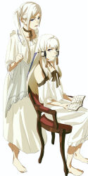 2girls bare_shoulders barefoot blunt_bangs book collarbone commentary_request couple dress edelgard_von_hresvelg edelgard_von_hresvelg_(timeskip) fire_emblem fire_emblem:_three_houses flat_chest frilled_sleeves frills full_body hair_up happy head_tilt highres holding holding_book long_hair looking_at_another looking_down looking_to_the_side looking_up lysithea_von_ordelia lysithea_von_ordelia_(timeskip) multicolored_hair multiple_girls nakmini nightgown nintendo off_shoulder on_chair open_book open_mouth parted_lips purple_eyes shade short_sleeves side_ponytail sidelocks simple_background sitting smile streaked_hair veil white_background white_dress white_hair yuri