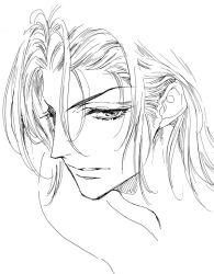 1boy androgynous bigeroo_(shangmerry) collarbone commentary_request dragon_quest dragon_quest_xi looking_at_viewer looking_up messy_hair monochrome parted_lips profile short_hair sketch sylvia_(dq11) upper_body