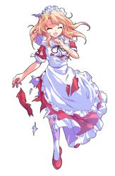 1girl :d ^_^ apron black_ribbon blonde_hair closed_eyes commentary_request dairi dress facing_viewer frilled_apron frilled_dress frills full_body hand_up highres large_variant_set long_hair maid_headdress neck_ribbon open_mouth pantyhose red_dress red_shoes ribbon shoes short_sleeves smile solo standing sweatdrop torn_clothes torn_dress touhou touhou_(pc-98) transparent_background variant_set white_apron white_pantyhose yumeko_(touhou)