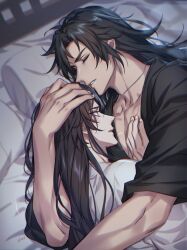 2boys absurdres adam&#039;s_apple arm_around_back bed black_hair black_hanfu breath chinese_clothes chu_wanning erha_he_tadebai_mao_shizun hair_down hand_on_another&#039;s_chest hand_on_another&#039;s_head hanfu head_on_pillow highres jewelry korean_commentary long_hair long_sleeves looking_at_another lying male_focus mo_ran motion_lines multiple_boys necklace on_bed on_side parted_lips pectoral_cleavage pectorals pillow railing scar scar_on_chest sleeping sweatdrop white_hanfu wide-eyed yaoi zehel_az