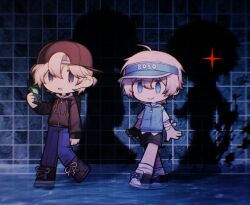 Rule 34 | 2boys, appleheart04, backwards hat, baseball cap, black boots, black hat, black jacket, black shorts, blonde hair, blue eyes, blue pants, blue visor, bobo (evade), boots, chibi, closed mouth, dream pool, evade (roblox), full body, hat, humanization, jacket, jard (evade), male focus, multiple boys, pants, purple eyes, roblox, short hair, shorts, smile, walkie-talkie