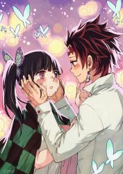 1boy 1girl birthmark black_hair blush bug butterfly butterfly_hair_ornament crying earrings eye_contact fingernails hair_ornament hairpiece hands_on_another&#039;s_face haori highres insect japanese_clothes jewelry kamado_tanjirou kimetsu_no_yaiba looking_at_another pink_eyes red_hair rusky scar scar_on_hand side_ponytail smile tears teeth tsuyuri_kanao