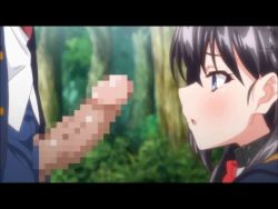 1boy 1girl animated anime_screenshot bitch_taken_for_walk blue_eyes breasts censored clothed_female_clothed_male collar deepthroat fellatio female_focus hetero irrumatio large_breasts leash long_hair masturbation mosaic_censoring no_panties ootori_chikage oral outdoors penis pet_play petgirl pink_pineapple purple_hair pussy school_uniform video