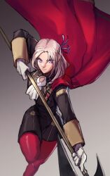 1girl ascot axe cape closed_mouth commentary edelgard_von_hresvelg english_commentary fire_emblem fire_emblem:_three_houses forehead garreg_mach_monastery_uniform gloves grey_background grey_hair hair_ribbon holding holding_axe holding_weapon long_hair long_sleeves nintendo pantyhose purple_eyes purple_ribbon red_cape red_pantyhose ribbon simple_background solo standing standing_on_one_leg syworks weapon white_ascot white_gloves