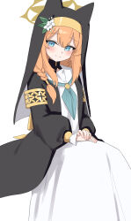 1girl absurdres animal_ear_headwear aqua_neckerchief armlet black_veil blue_archive blue_eyes blush braid closed_mouth coif commentary d_(delt4) dress fake_animal_ears feet_out_of_frame flower hair_between_eyes halo hat hat_flower highres invisible_chair jewelry long_hair long_sleeves looking_at_viewer low-tied_long_hair mari_(blue_archive) neckerchief nun orange_hair own_hands_together puffy_long_sleeves puffy_sleeves sailor_collar school_uniform serafuku sidelocks simple_background single_braid sitting smile solo split_mouth veil white_background white_dress white_flower white_sailor_collar yellow_halo