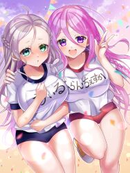 2girls breasts brown_hair buruma commission confetti francesca_frainseigner green_eyes gym_uniform hachidoriwanokuni highres iris_mysteria! large_breasts multiple_girls pink_hair purple_eyes skeb_commission sports_festival will_(iris_mysteria!)