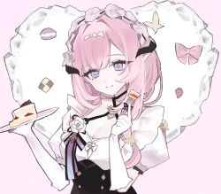 1girl black_dress blue_eyes bow bowtie breasts cake cleavage commentary_request dress elbow_gloves elysia_(honkai_impact) elysia_(miss_pink)_(honkai_impact) elysia_(miss_pink_elf)_(honkai_impact) fake_horns food fork gloves heart heart_background highres holding holding_fork holding_plate honkai_(series) honkai_impact_3rd horns large_breasts maid maid_headdress official_alternate_costume pink_bow pink_bowtie pink_hair pino00012 plate smile solo strawberry_shortcake upper_body white_gloves